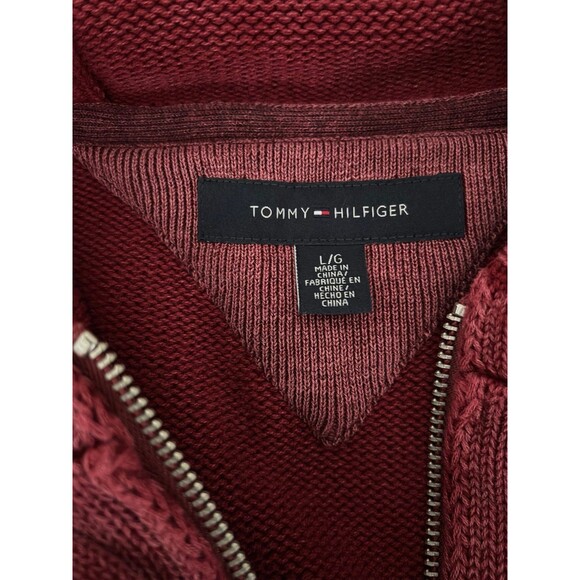 Tommy Hilfiger Men’s Full Zip Maroon Cable Knit Sweater Jacket w/Hood Size L - Picture 6 of 8
